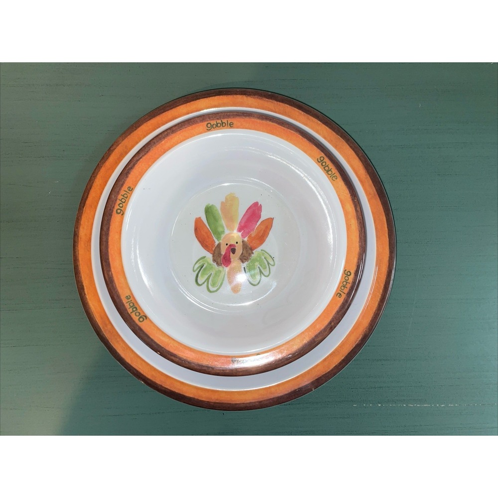 Pottery Barn Kids THANKSGIVING TURKEY GOBBLE Melamine 1 bowls 4‎ plates dinner
